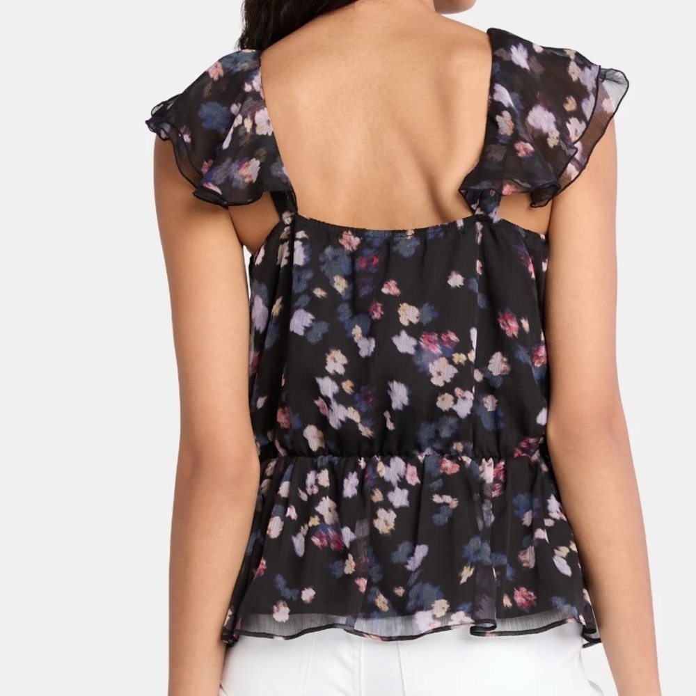 TIME & TRU RUFFLE WRAP CHIFFON SWIRLING FLORAL BLACK BLOUSE TOP NEW - Picture 4 of 6